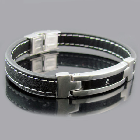 Leather Stainless Steel CZ Bracelet (Brown)