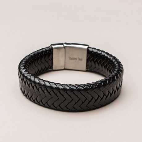 Fancy Genuine Thick Braided Leather Buckle Bracelet // Black