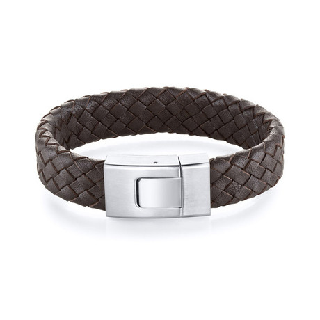 Men's Buckle Brown Woven Leather & Stainless Steel Bracelet