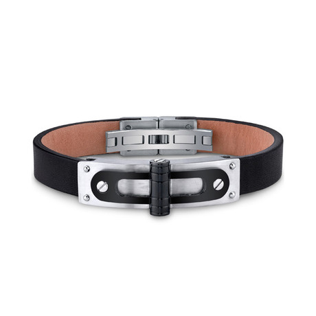 Leather Black Hinge Bracelet // Stainless Steel