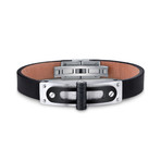 Leather Black Hinge Bracelet // Stainless Steel