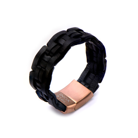 Men's Black Woven Leather & Rose Bracelet Bracelet