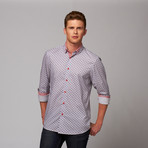 Button-Up Shirt // Red + Navy Pattern (L)