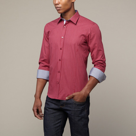 Navy Pinstripe Shirt // Maroon (XS)