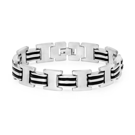 Stainless Steel Bracelet with Black Rubber Design