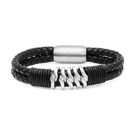 Black Braided Leather Bracelet with Stainless Steel Line Accents