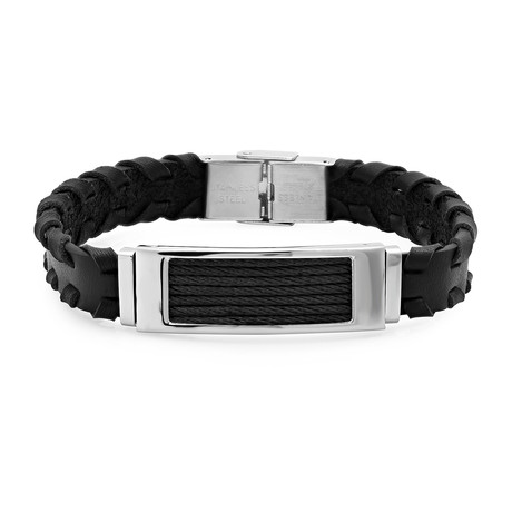 Leather Bracelet with Black Cable Wire Stainless Steel Accents (Plain)