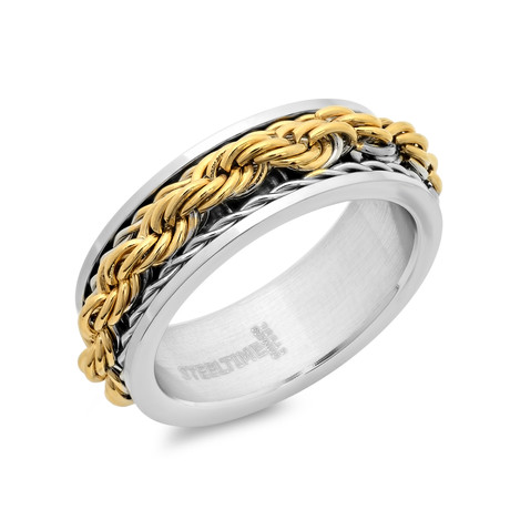 Stainless Steel Ring with Steel & Gold Rope Accents (Size 9)