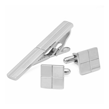 Stainless Steel Square Cufflinks with Line Accent and Tie Bar Set