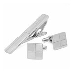 Stainless Steel Square Cufflinks with Line Accent and Tie Bar Set