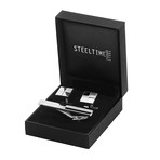 Stainless Steel Square Cufflinks with Line Accent and Tie Bar Set