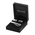 Stainless Steel Cufflinks with Grid Pattern And Tie Bar Set