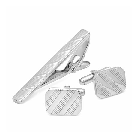 Stainless Steel Cufflinks with Line Accent and Tie Bar Set