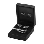 Stainless Steel Cufflinks with Line Accent and Tie Bar Set