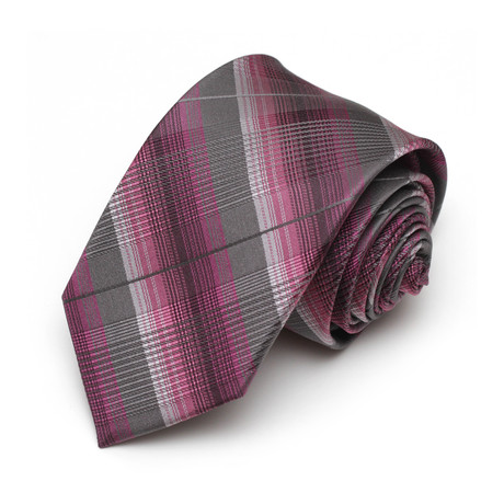 Silk Narrow Width Tie // Grey + Pink Diagonal Plaid