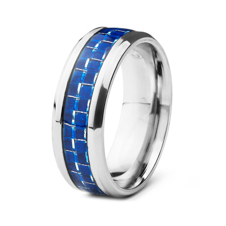 Stainless Steel Blue Carbon Fiber Inlay Ring (Size 7)