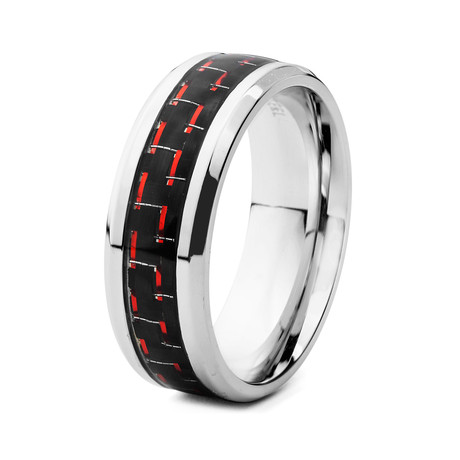 Black and Red Carbon Fiber Inlay Ring // Beveled Edge (Size 7)