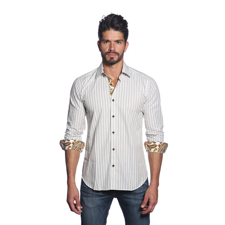 Thomas Button Up Shirt // Grey + White Stripes (L)
