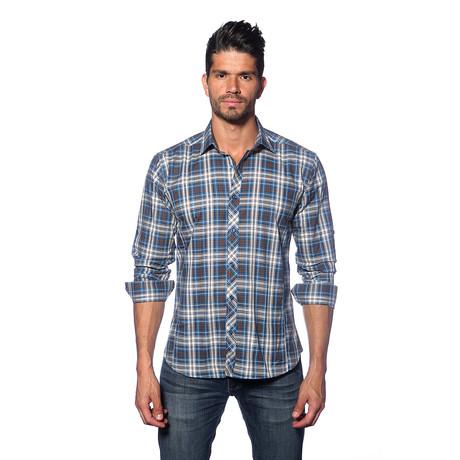 Long Sleeve Button Up Shirt // Grey + Blue Plaid (S)