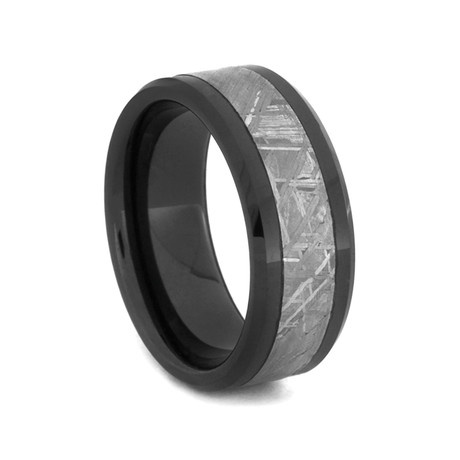 Black Ceramic Wedding Band // Meteorite Inlay (Size 6.5)
