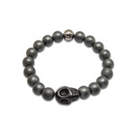 Matt Hematite Bead Bracelet with Silver Logo Ball & Black Skull (Medium)