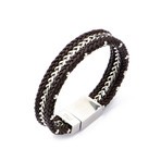 Double Braided Brown Leather + Steel Bracelet