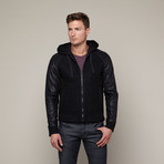 Rogue // Wool + Faux Leather Hooded Jacket // Black  (S)