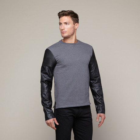 Faux Leather Sleeved Sweatshirt // Grey (S)