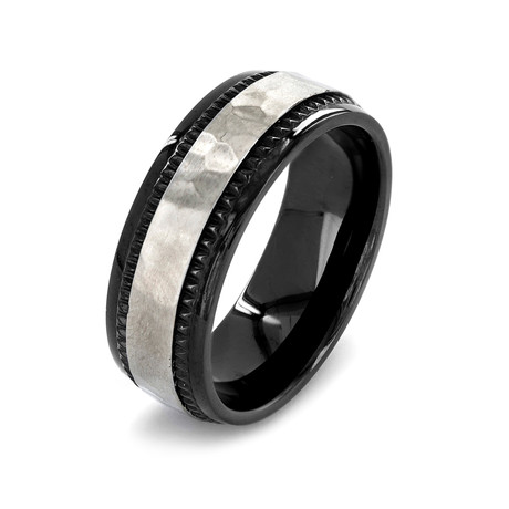 Crucible Black Plated Titanium Hammered Milgrain Ring (Size 8)