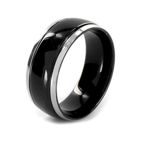 Crucible Black Plated Stainless Steel Ring with Grooved Lines (Size 6)