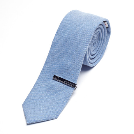 Solid Chambray Skinny Tie + Tie Bar // Blue