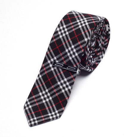 Plaid Skinny Tie + Tie Bar // Black + Red