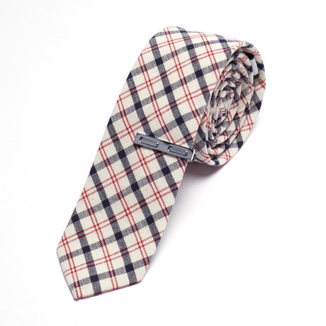 Plaid Skinny Tie + Tie Bar // Black + White + Red