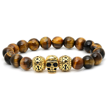 Tiger Eye Beaded Bracelet with 18k Gold Plated Skull and Beads