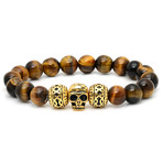 Tiger Eye Beaded Bracelet with 18k Gold Plated Skull and Beads