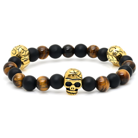 Black and Tiger Eye Beaded Bracelet with 18k Gold Plated Skull Accents