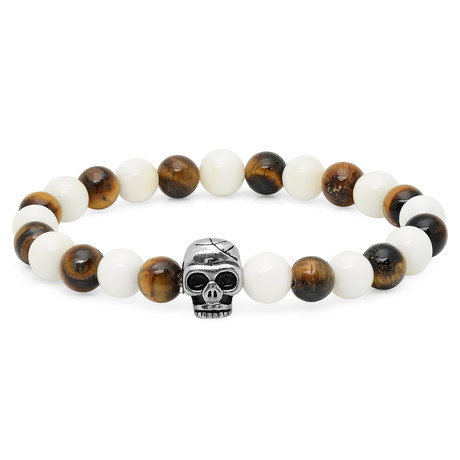 White and Tiger Eye Beaded Bracelet with Skull Accents // Gold (Silver)