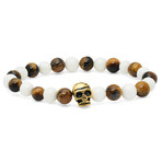 White and Tiger Eye Beaded Bracelet with Skull Accents // Gold (Silver)