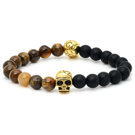 Black and Tiger Eye Beaded Bracelet with Skull Accents // Gold