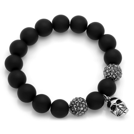 Black Beaded Stainless Steel Skull Bracelet