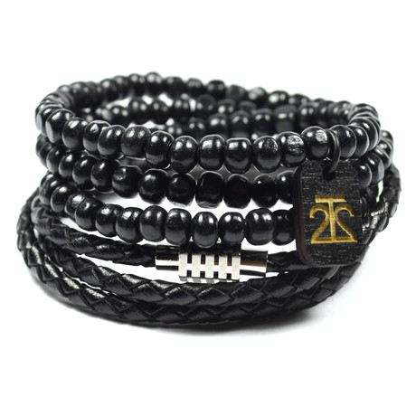 Leather And Bamboo Bracelet Black // 2 Pack