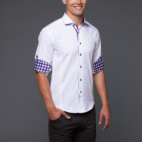 Button Up Shirt // White + Purple (S)