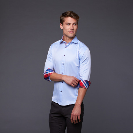 Button Up Shirt // Light Blue + Red (M)