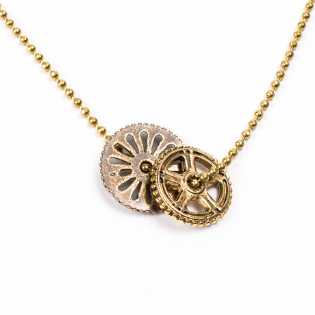 Double Sprocket Charm Necklace // Antique Gold Mix