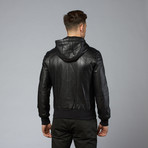 Hooded Leather Bomber Jacket // Black (S)