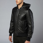 Hooded Leather Bomber Jacket // Black (2XL)