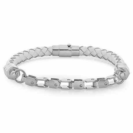 White Leather Bracelet with Stainless Steel Chain Accent