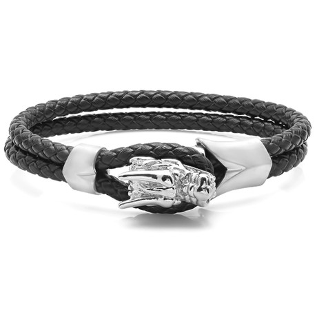 Black Braided Leather Bracelet w/ Stainless Steel Dragon Head Design