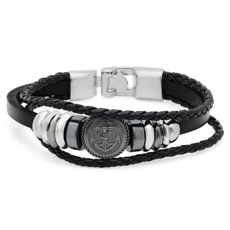 Leather Anchor Medallion Bracelet // Black