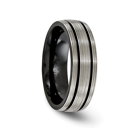 Textured Titanium Ring + Black Grooves (Size 7)